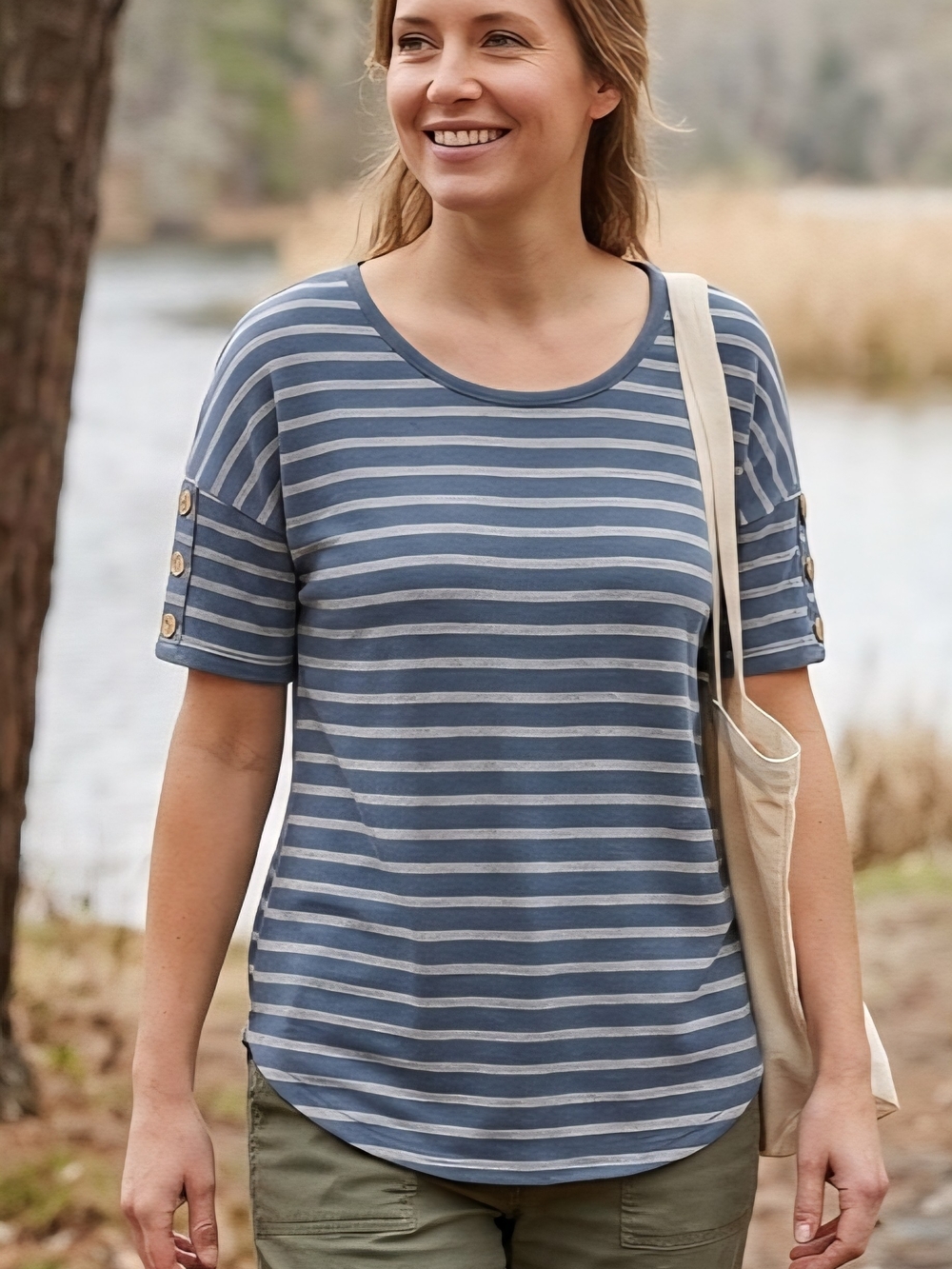 North River Striped Scoop Neck Top Button Sleeve Detail High Low Blouse Size XL